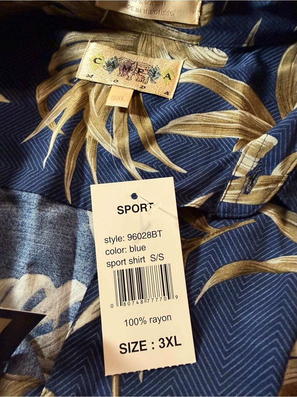 NWT Campia Moda Hawaiian Shirt Mens 3XL Navy Blue Tropical Leaf Casual Button Up - Picture 5 of 5